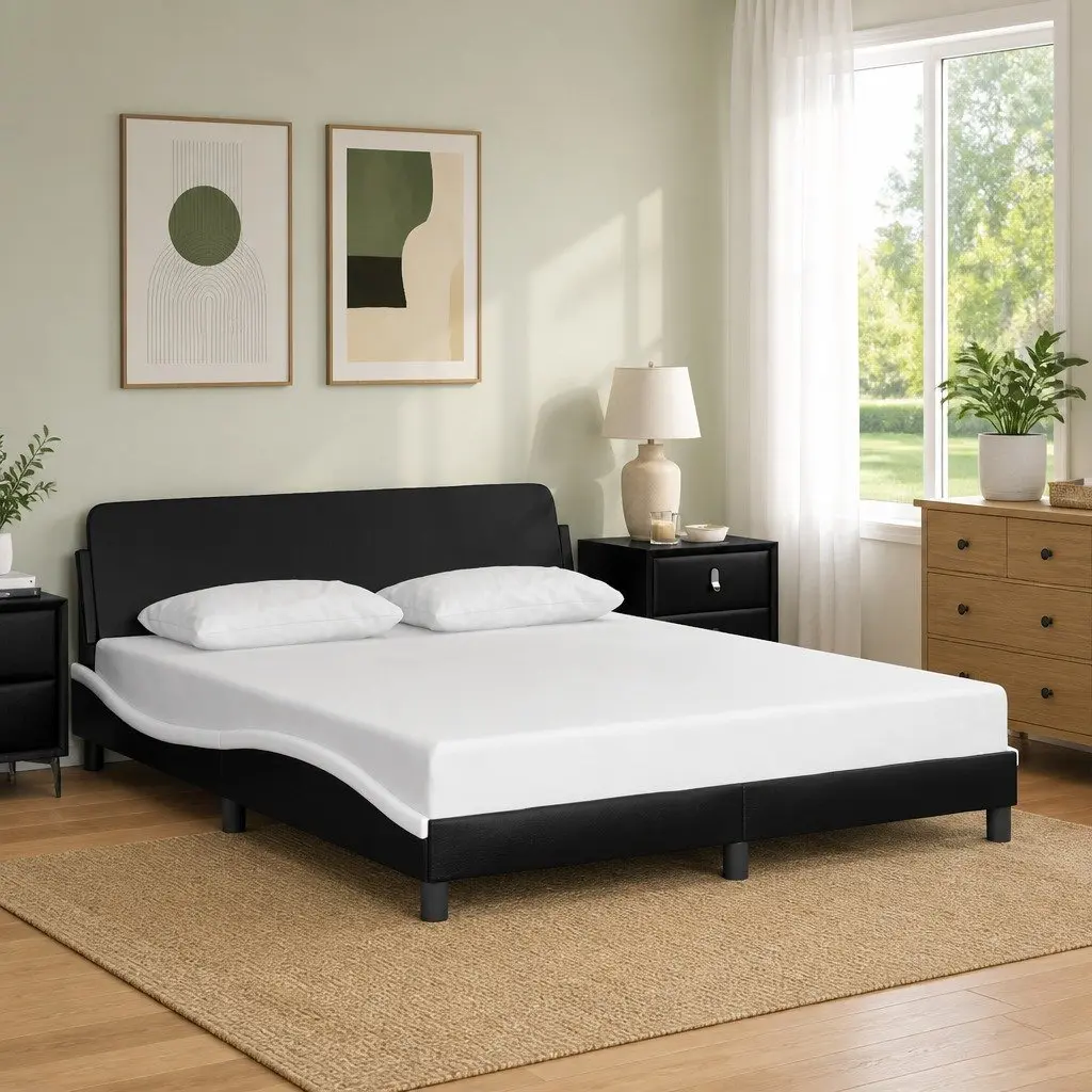 Queen Bed Frame Black Faux Leather 152x203cm Plywood Slats