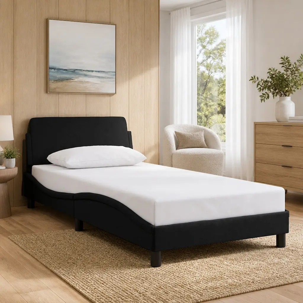 King Single Bed Frame with Black Velvet Headboard