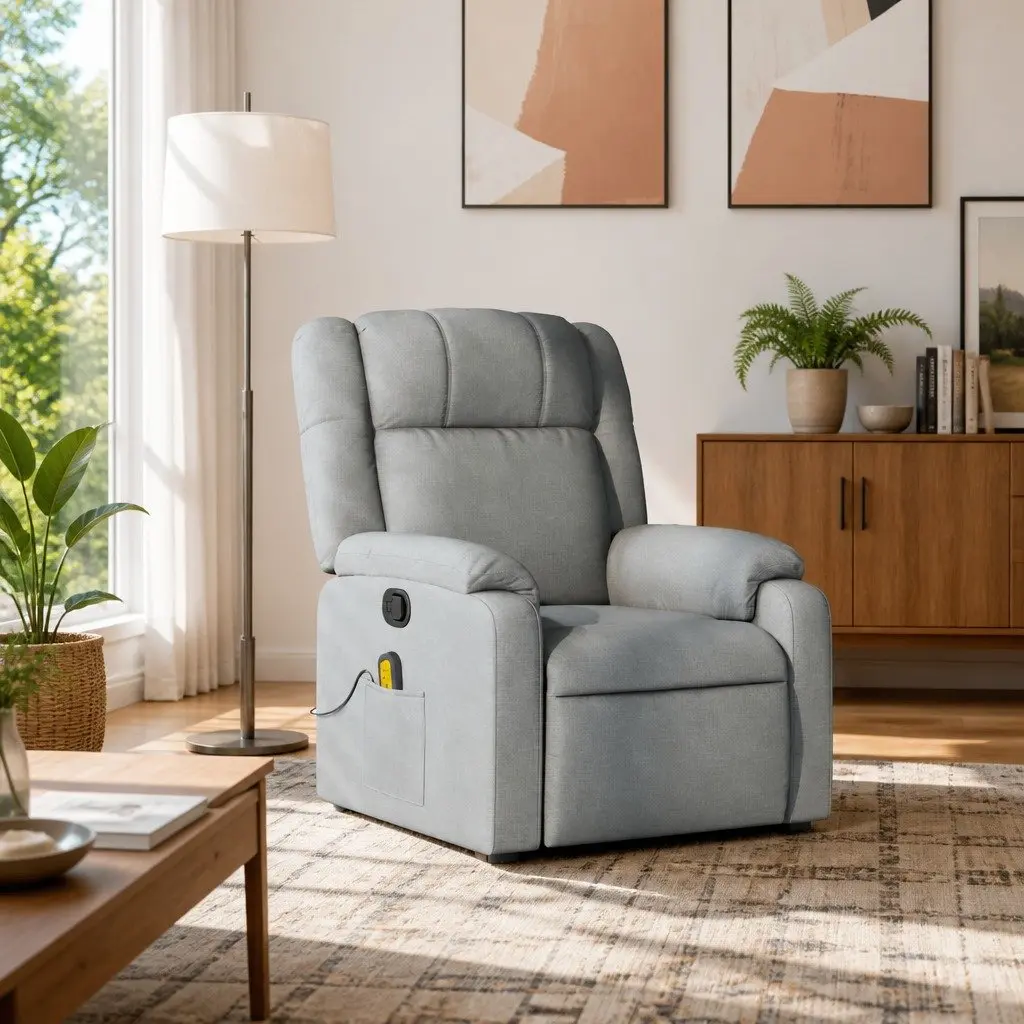 Recliner Chair Light Grey Fabric Manual Recline Vibration Massage Armchair