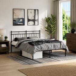 Elegant Black Metal Bed Frame 135x190 cm with Headboard