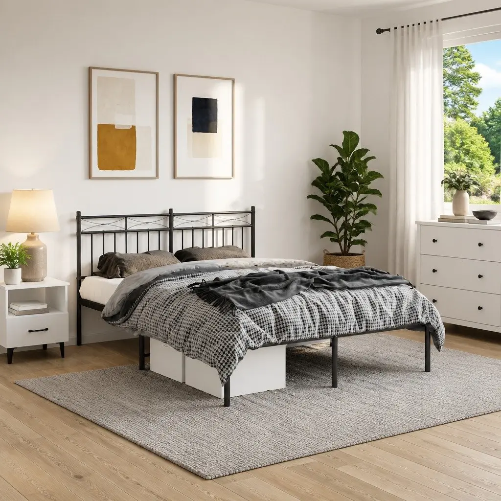 Black Steel Bed Frame 150x200 cm with Headboard