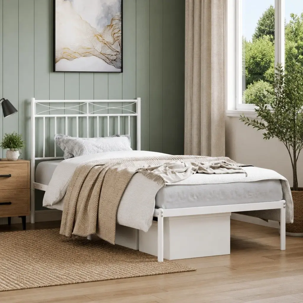 White Metal Bed Frame with Headboard 90x190 cm