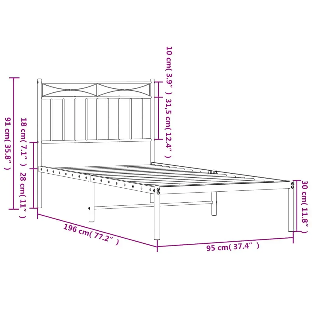 White Metal Bed Frame with Headboard 90x190 cm
