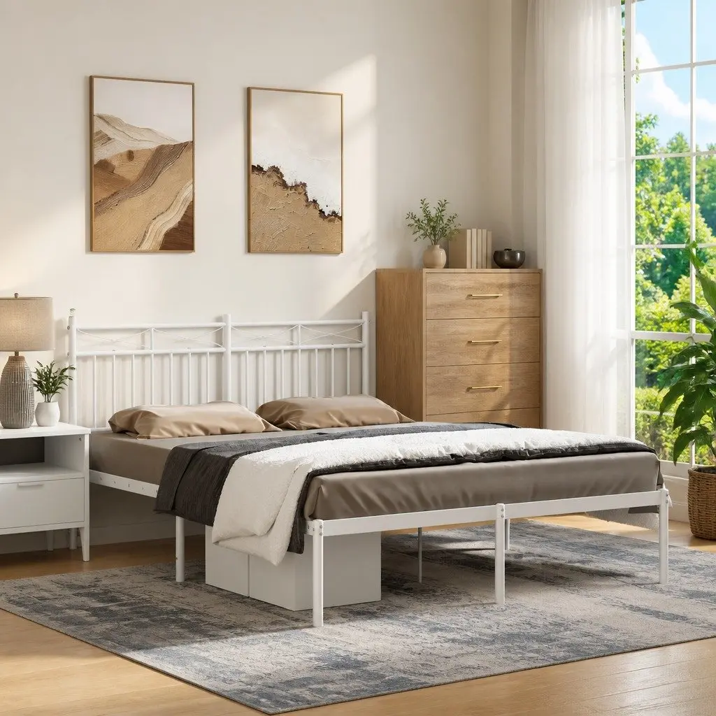 White Metal Bed Frame with Headboard 135x190 cm