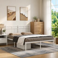 White Metal Bed Frame with Headboard 135x190 cm