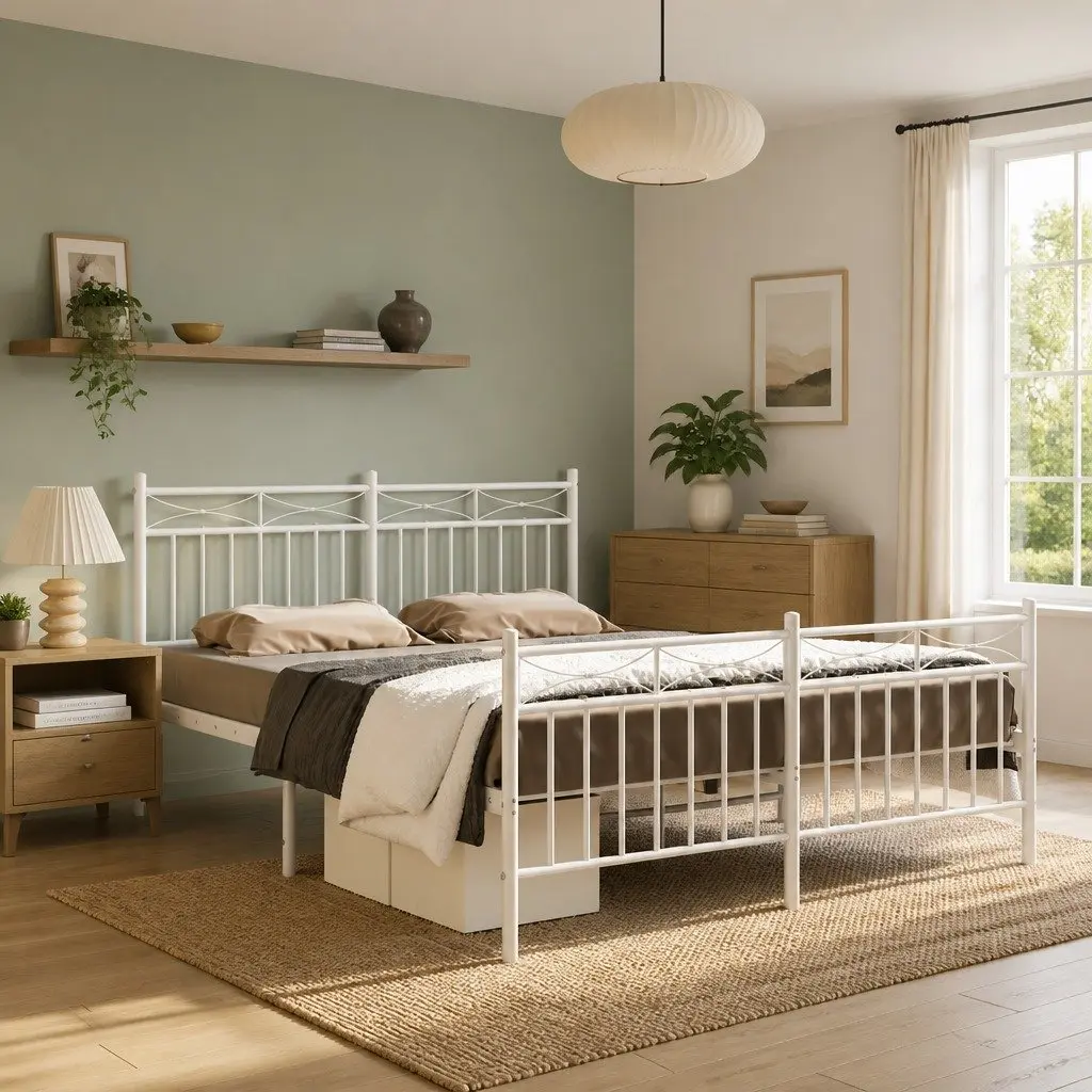 Metal Bed Frame White 135x190 cm Powder-coated Steel with Headboard and Footboard