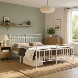 Charming White Steel Bed Frame 135x190 cm with Headboard