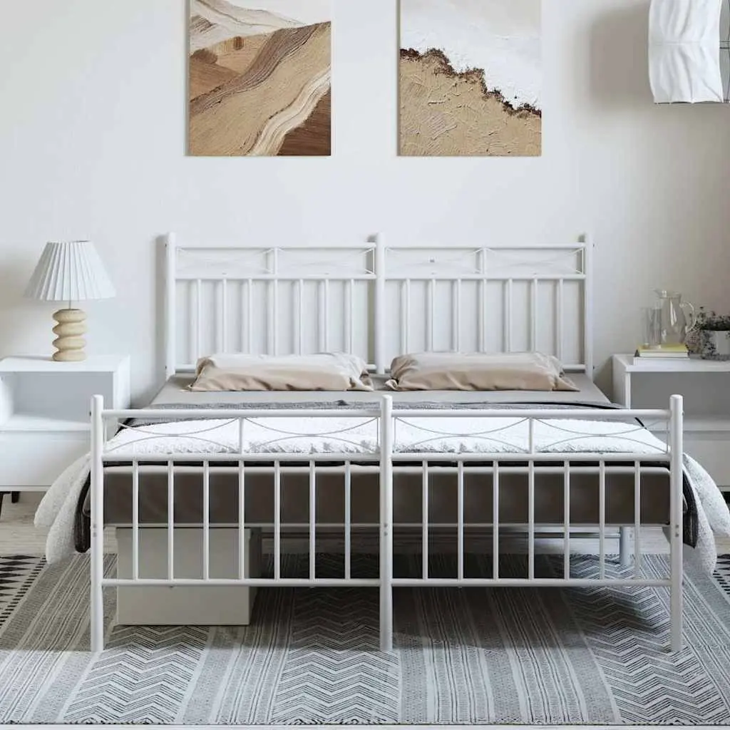 Metal Bed Frame White 135x190 cm Powder-coated Steel with Headboard and Footboard