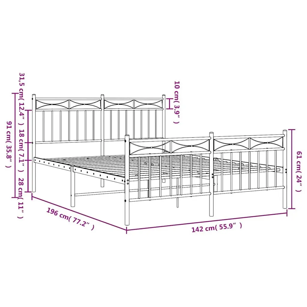 Metal Bed Frame White 135x190 cm Powder-coated Steel with Headboard and Footboard