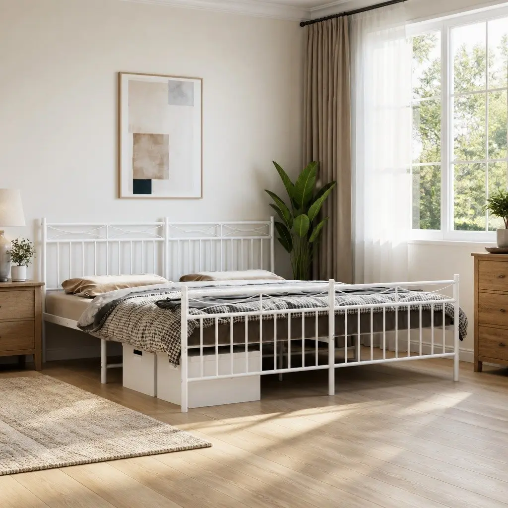 Metal Bed Frame King Size 183x203 cm with Footboard White Bedroom Furniture