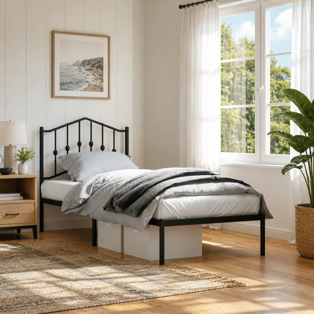 Metal Bed Frame Black 90x190 cm Powder-coated Steel with Headboard and Underbed Storage Space
