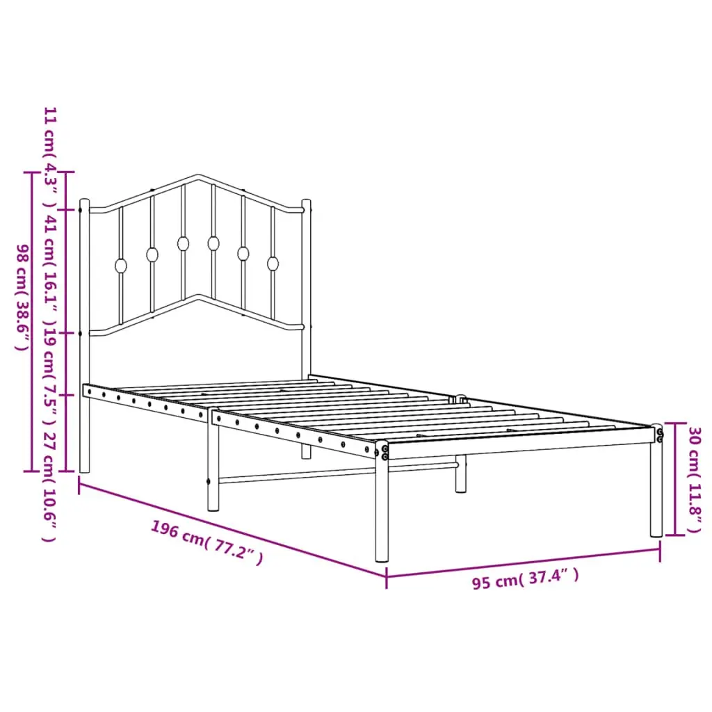 Metal Bed Frame Black 90x190 cm Powder-coated Steel with Headboard and Underbed Storage Space