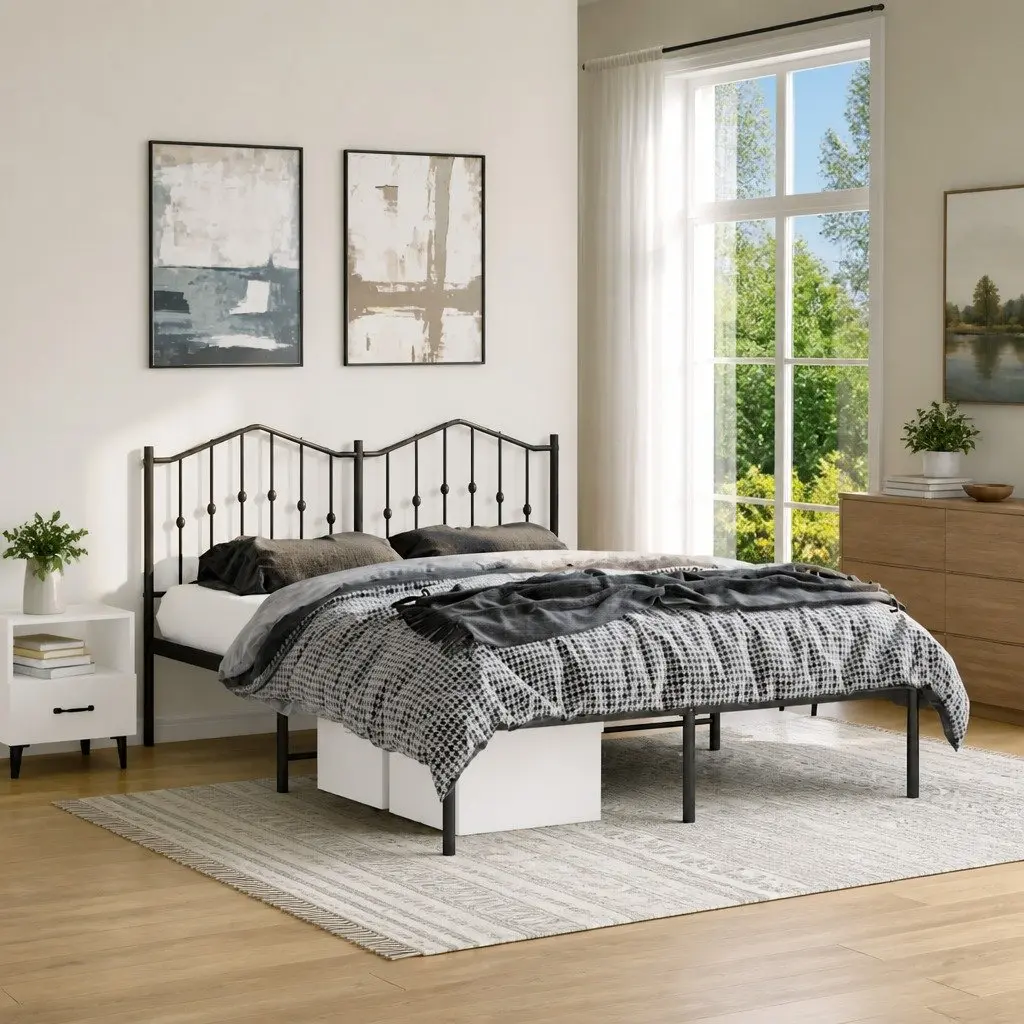 Black Metal Bed Frame with Headboard 135x190 cm