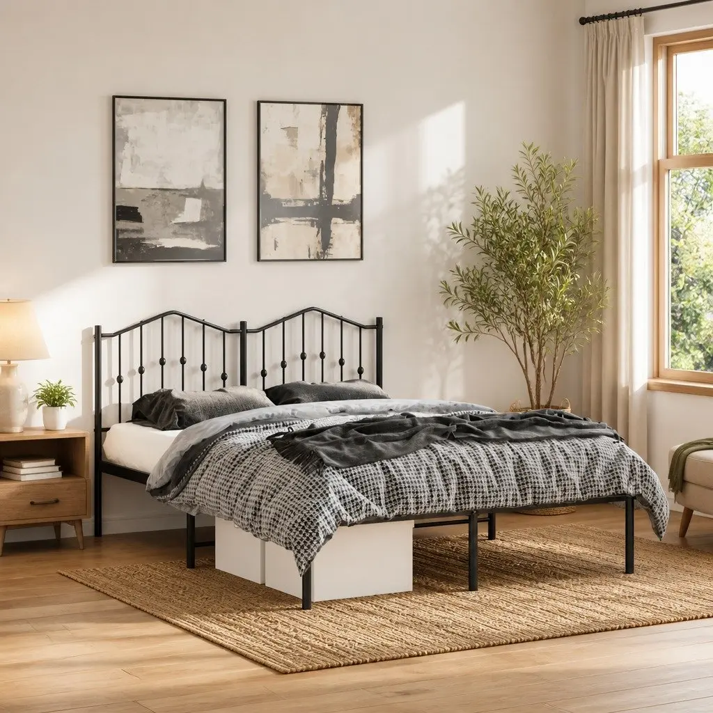 Metal Bed Frame with Headboard Black 150x200 cm Bedroom Furniture Base