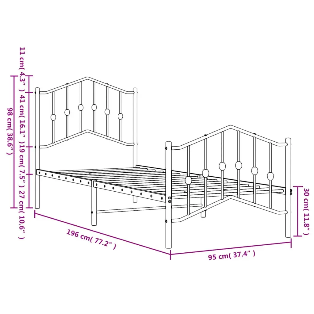 Black Metal Bed Frame 90x190 cm with Footboard & Headboard