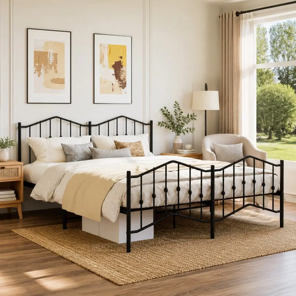 King Metal Bed Frame with Footboard and Headboard