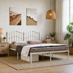 Elegant White Metal Bed Frame with Headboard 135x190 cm