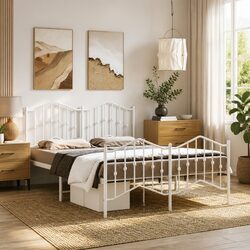 Elegant White Metal Bed Frame 135x190 cm with Storage