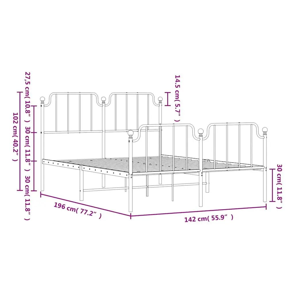 Metal Bed Frame 135x190 cm Bedroom Furniture Black with Footboard Headboard
