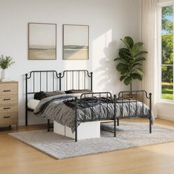 Elegant Black Metal Bed Frame with Headboard and Footboard 150x200 cm