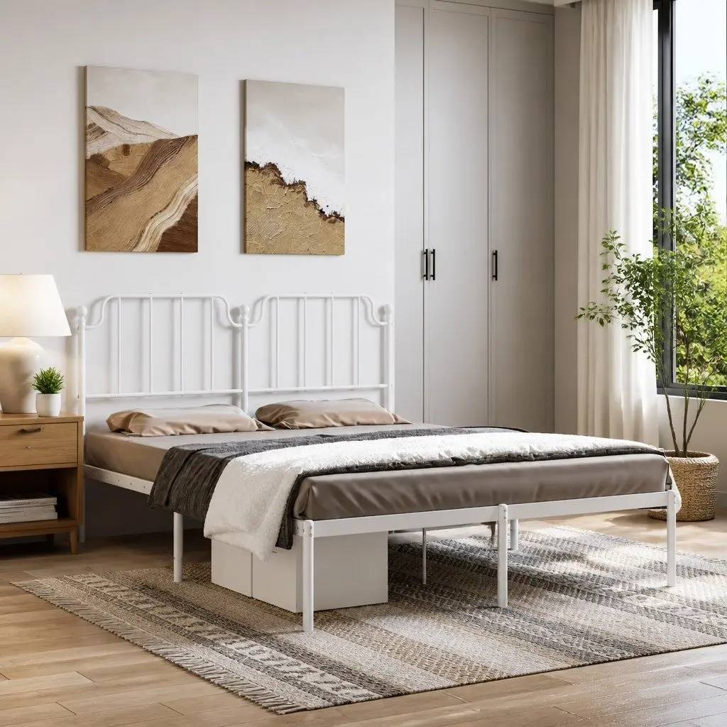 Metal Bed Frame with Headboard White 150x200 cm Powder-coated Steel