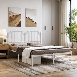 Elegant White Metal Bed Frame with Headboard 150x200 cm
