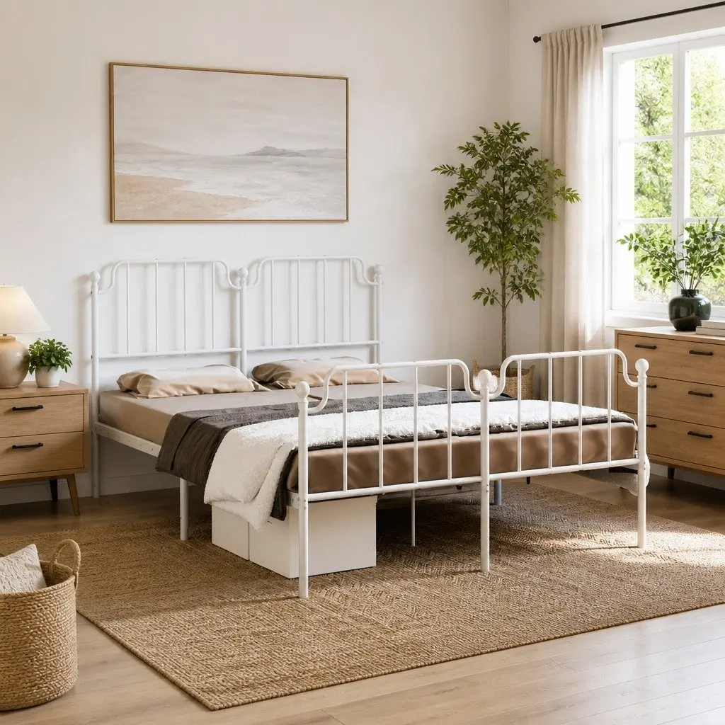 White Metal Bed Frame 150x200 cm with Footboard