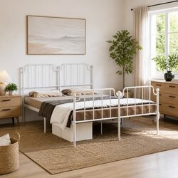 Elegant White Metal Bed Frame 150x200 cm with Footboard