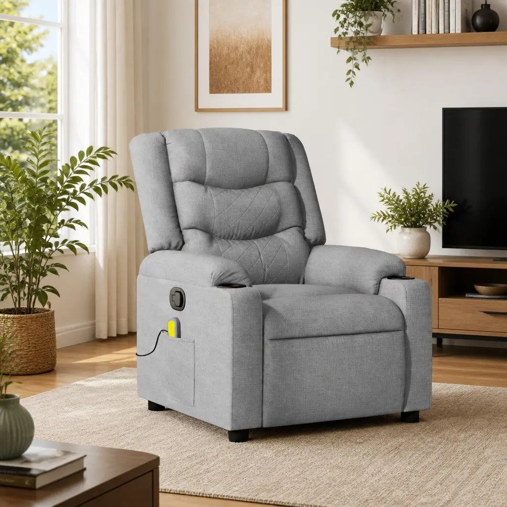 Massage Recliner Chair Manual Reclining Grey Fabric 135 Degrees Vibration Footrest