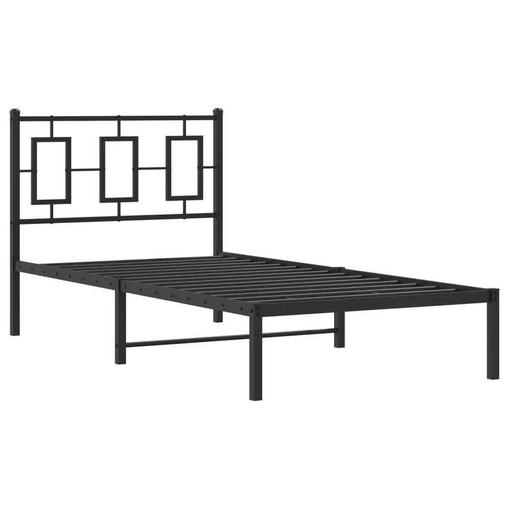 Metal Bed Frame Black 90x190 cm Powder-coated Steel with Headboard and Storage Space