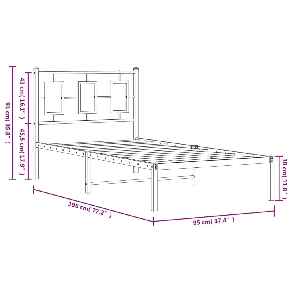 Metal Bed Frame Black 90x190 cm Powder-coated Steel with Headboard and Storage Space