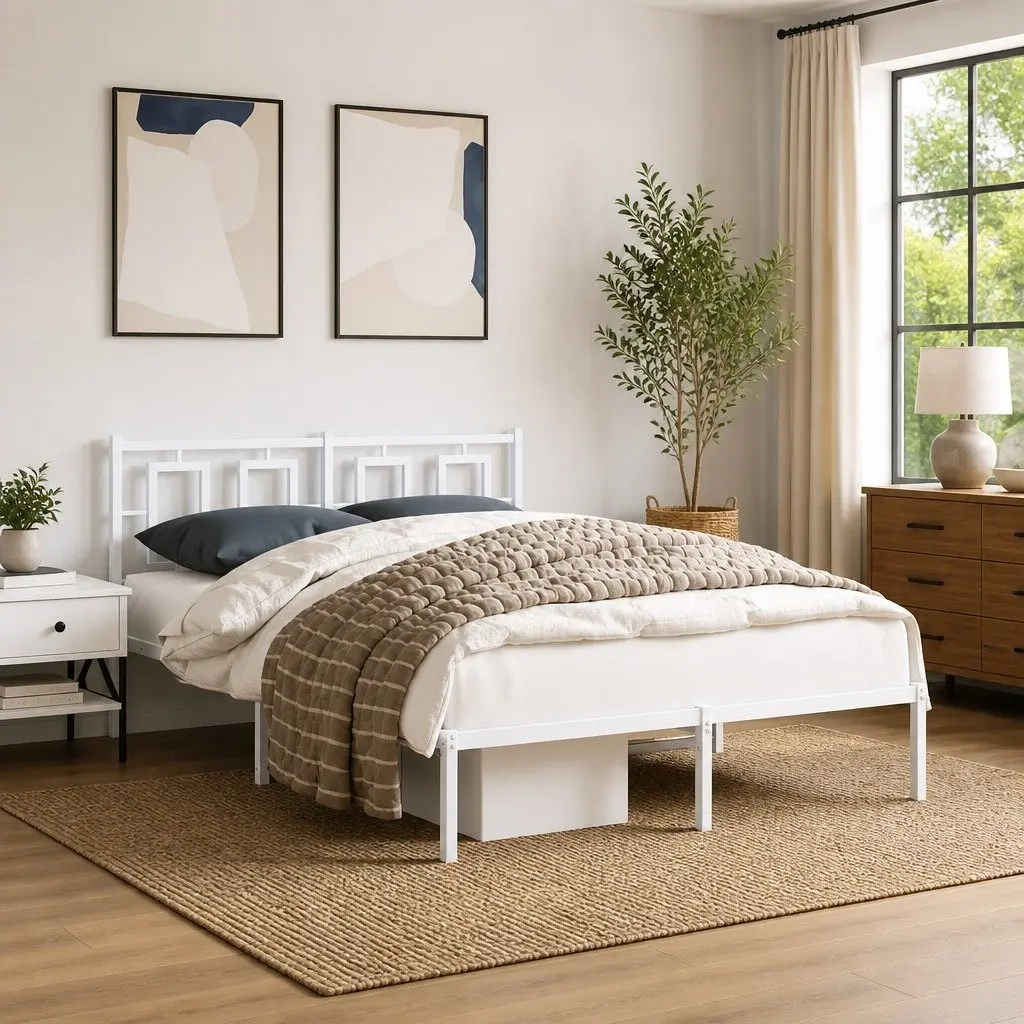 White Metal Bed Frame 135x190 cm with Headboard