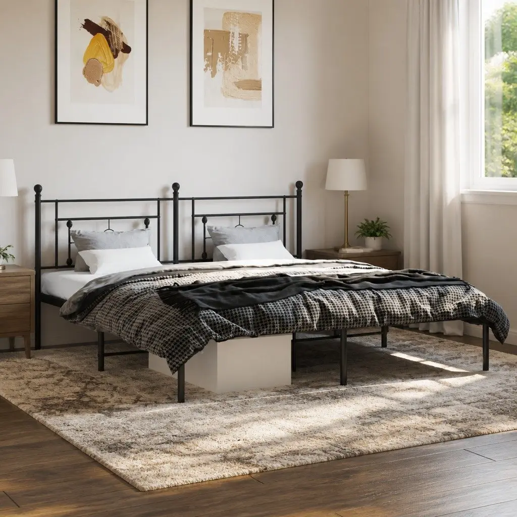 King Size Metal Bed Frame with Headboard in Black