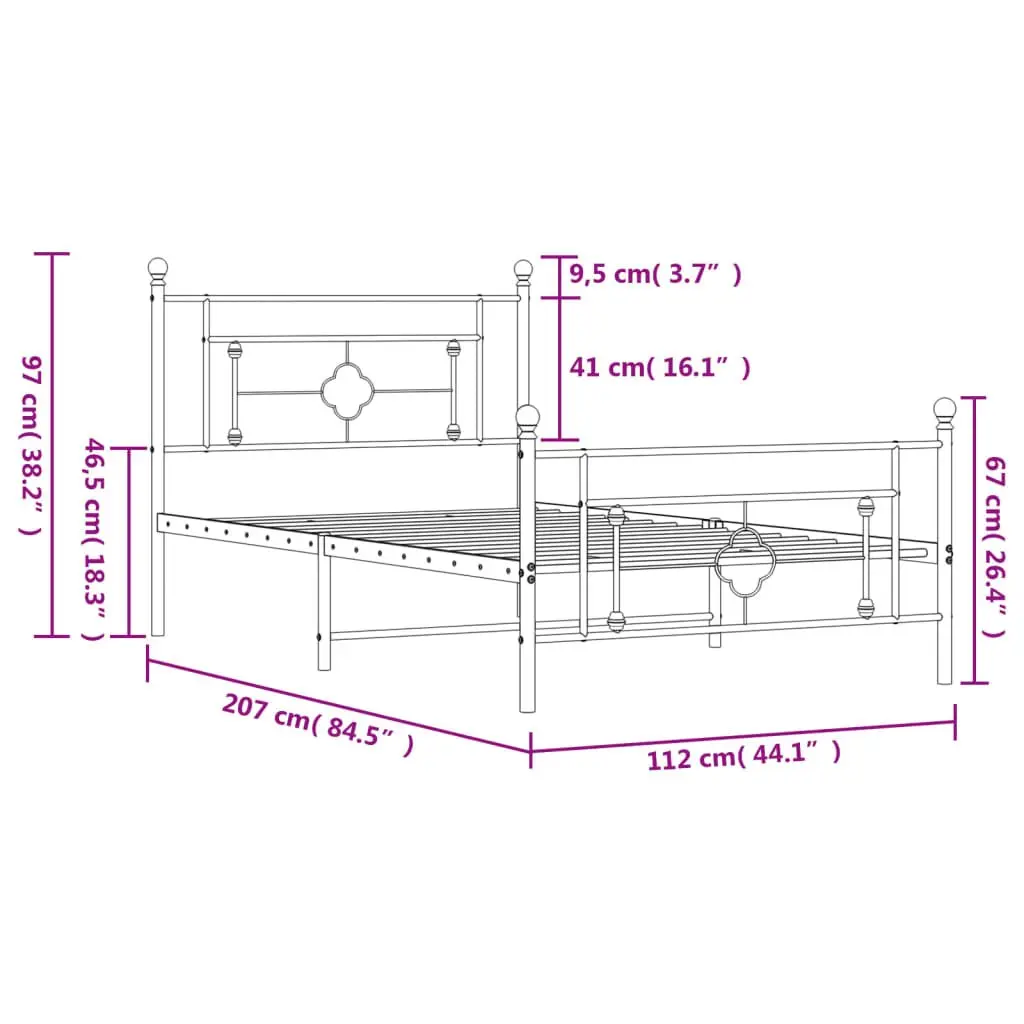 Metal Bed Frame Black King Single 107x203 cm Powder-coated Steel with Headboard and Footboard