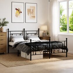 Black Metal Bed Frame with Footboard Storage 135x190 cm