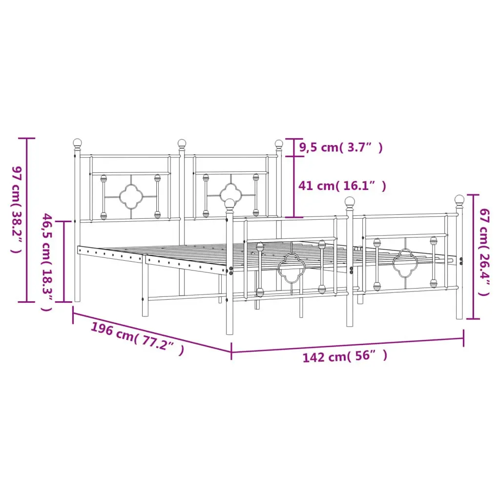 Metal Bed Frame Black 135x190 cm Powder-coated Steel with Footboard and Under-bed Storage