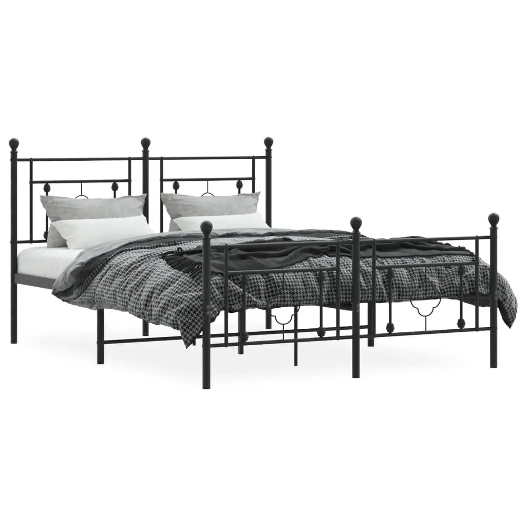 Metal Bed Frame Black 135x190 cm Powder-coated Steel with Footboard and Under-bed Storage