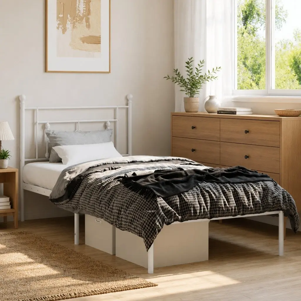 Metal Bed Frame with Headboard White 90x190 cm Powder-coated Steel