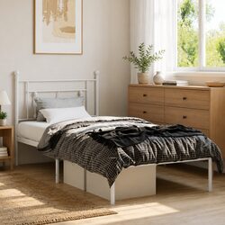 White Metal Bed Frame with Headboard 90x190 cm