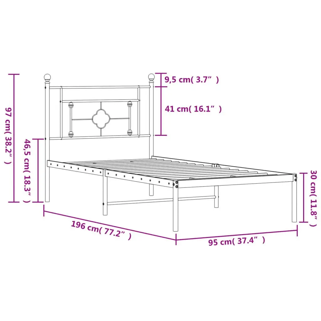 Metal Bed Frame with Headboard White 90x190 cm Powder-coated Steel