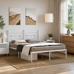 White Metal Bed Frame with Headboard 150x200 cm