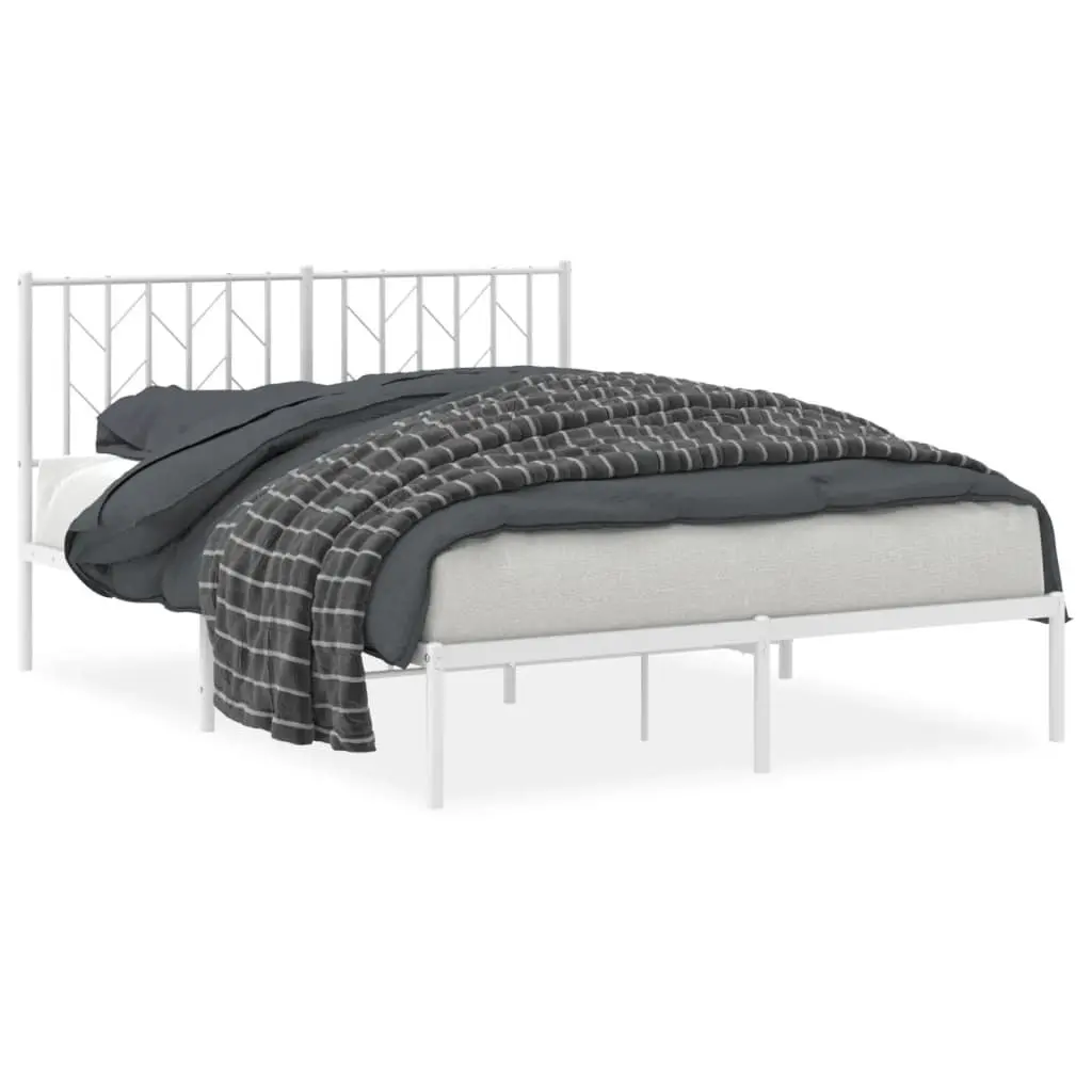 Metal Bed Frame 135x190 cm Bedroom Furniture with Headboard White Slatted Base