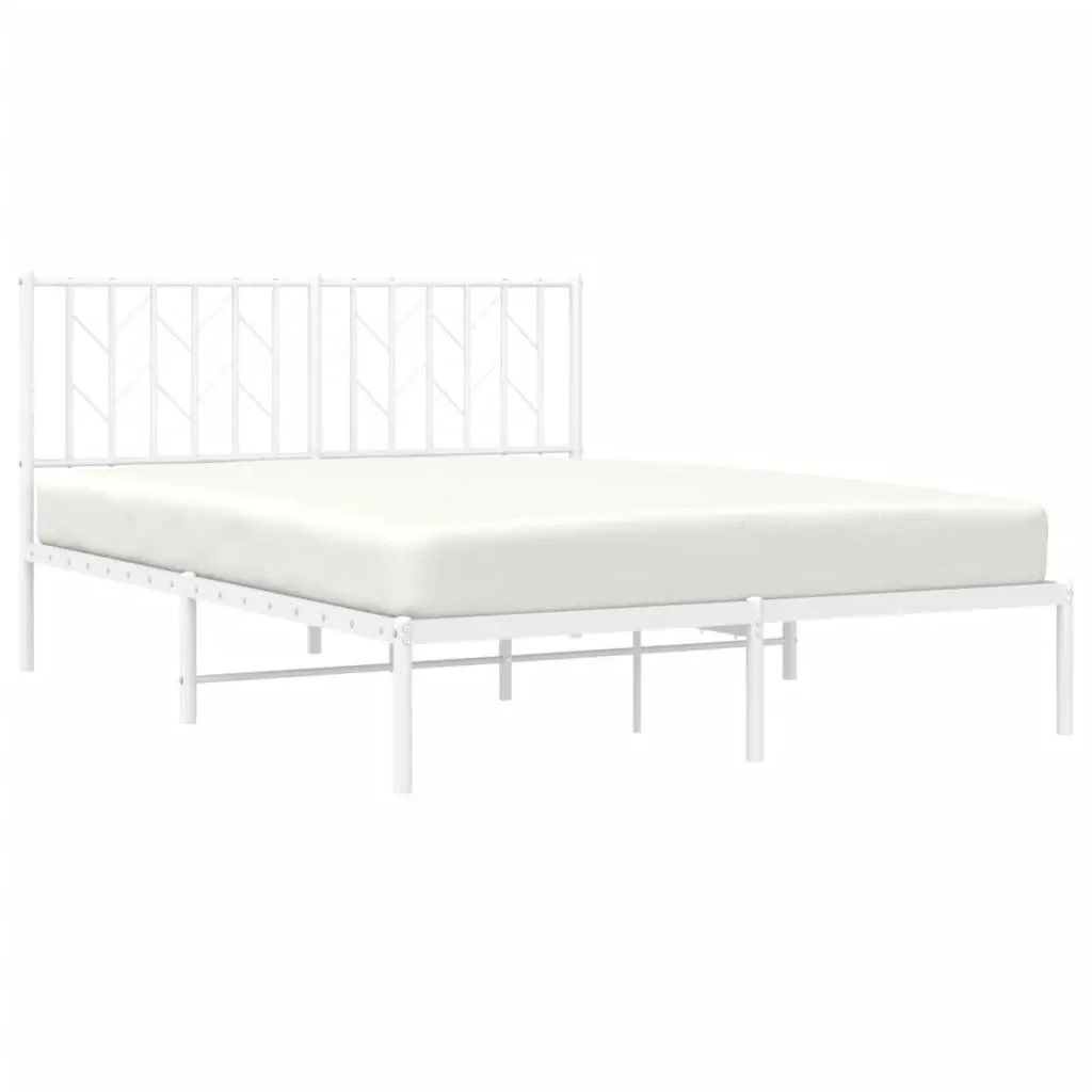 Metal Bed Frame 135x190 cm Bedroom Furniture with Headboard White Slatted Base