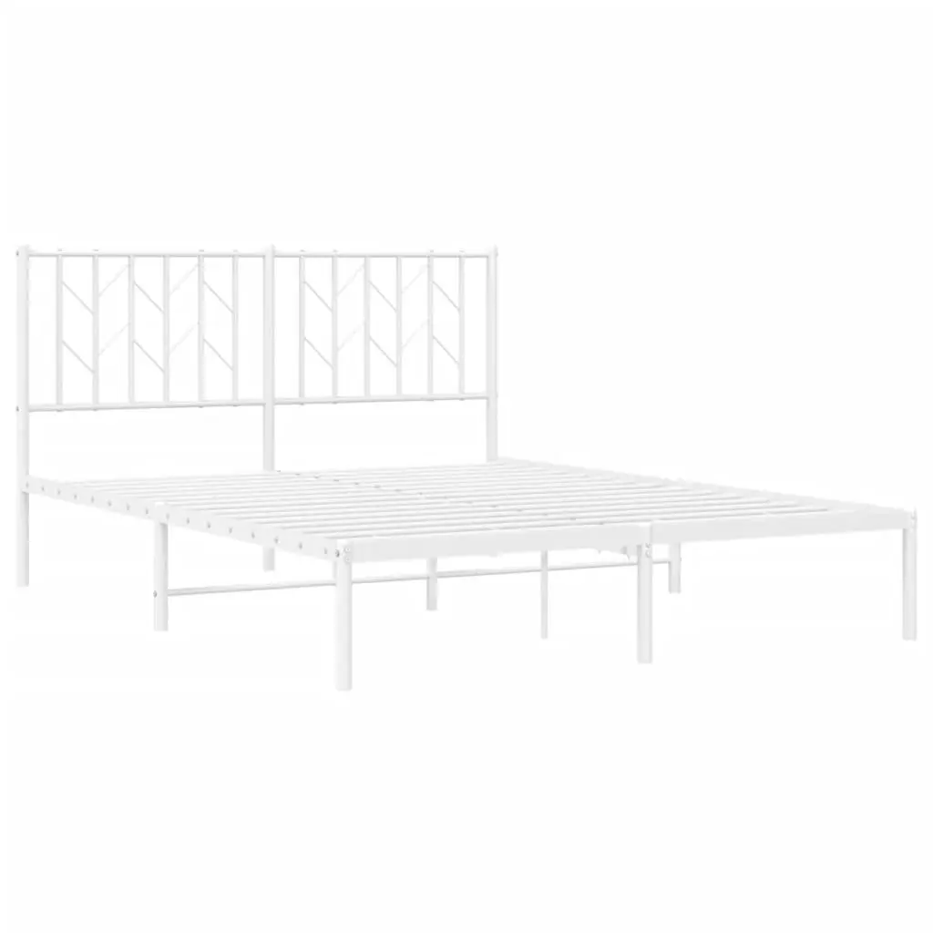 Metal Bed Frame 135x190 cm Bedroom Furniture with Headboard White Slatted Base