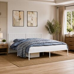 White Metal King Bed Frame with Storage and Headboard