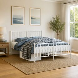 Sturdy White Steel Bed Frame 135x190 cm with Headboard