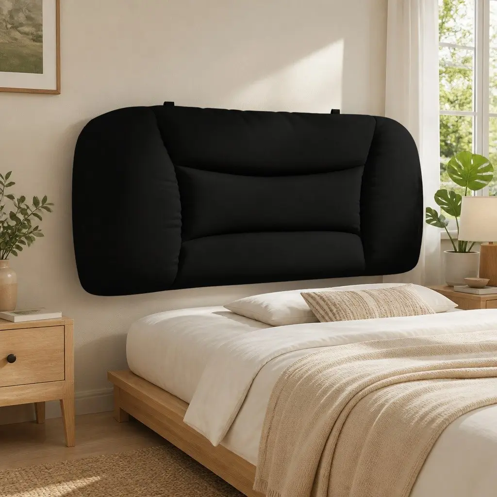 Headboard Cushion King Single Upholstered Bed Pillow Wavy Design Black Fabric