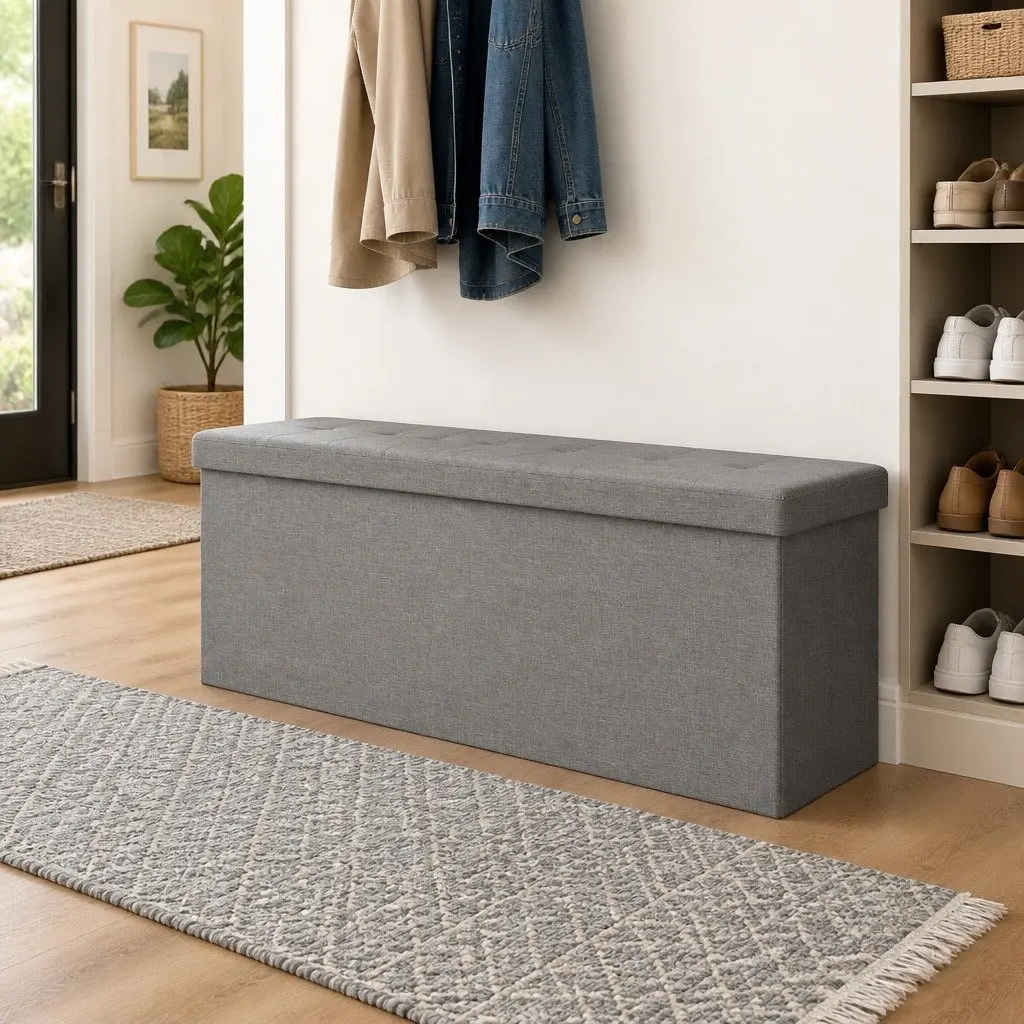 Storage Bench Foldable Grey Upholstered Seat Box Engineered Wood Faux Linen