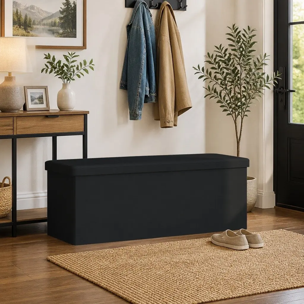 Storage Bench Foldable Black PVC Seat Ottoman Hallway Entryway Furniture Box