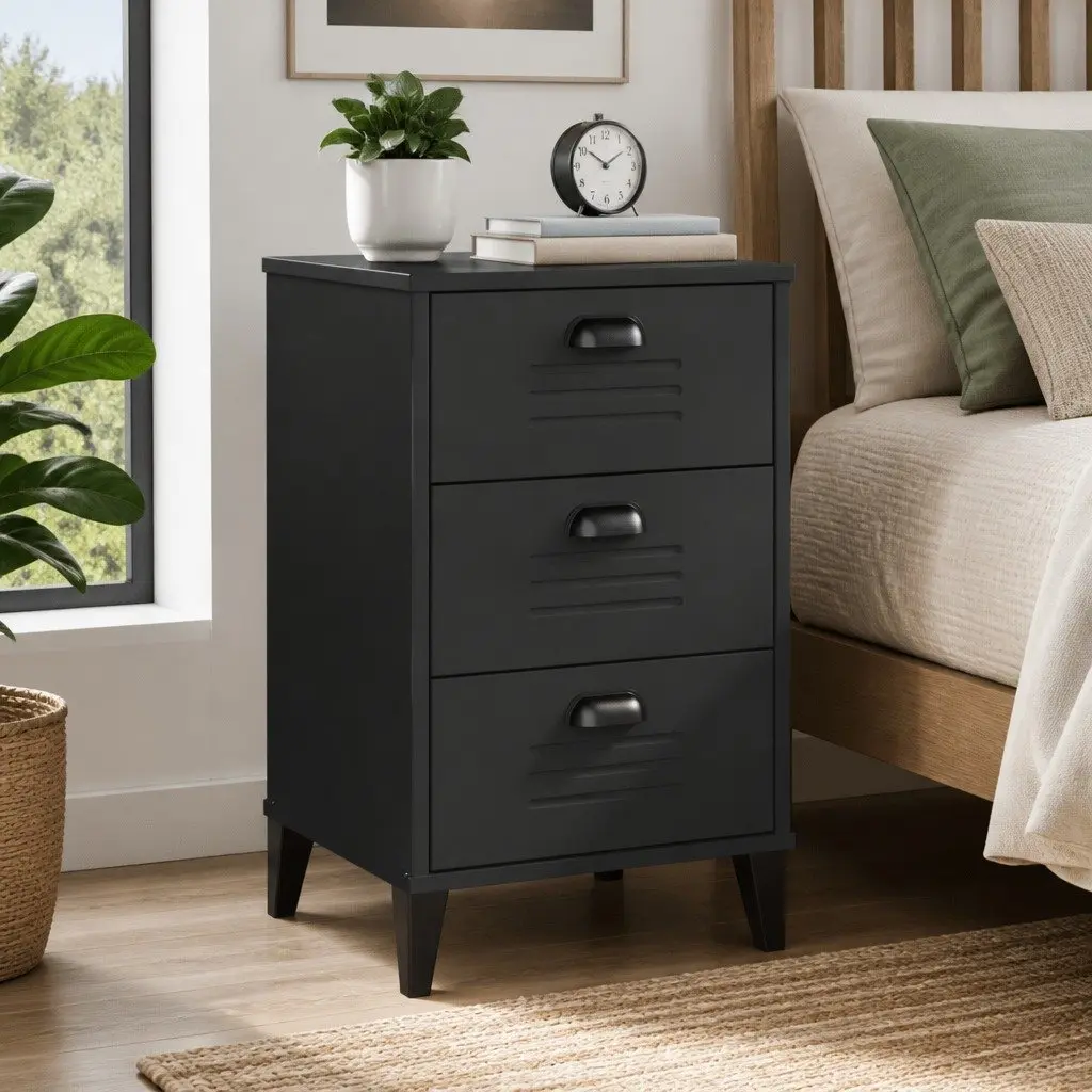 Engineered Wood Black Nightstand Storage Bedside Cabinet for Bedroom
